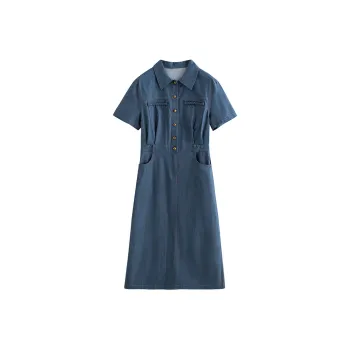Initial Language Short-Sleeved Dresses Women's Denim Blue