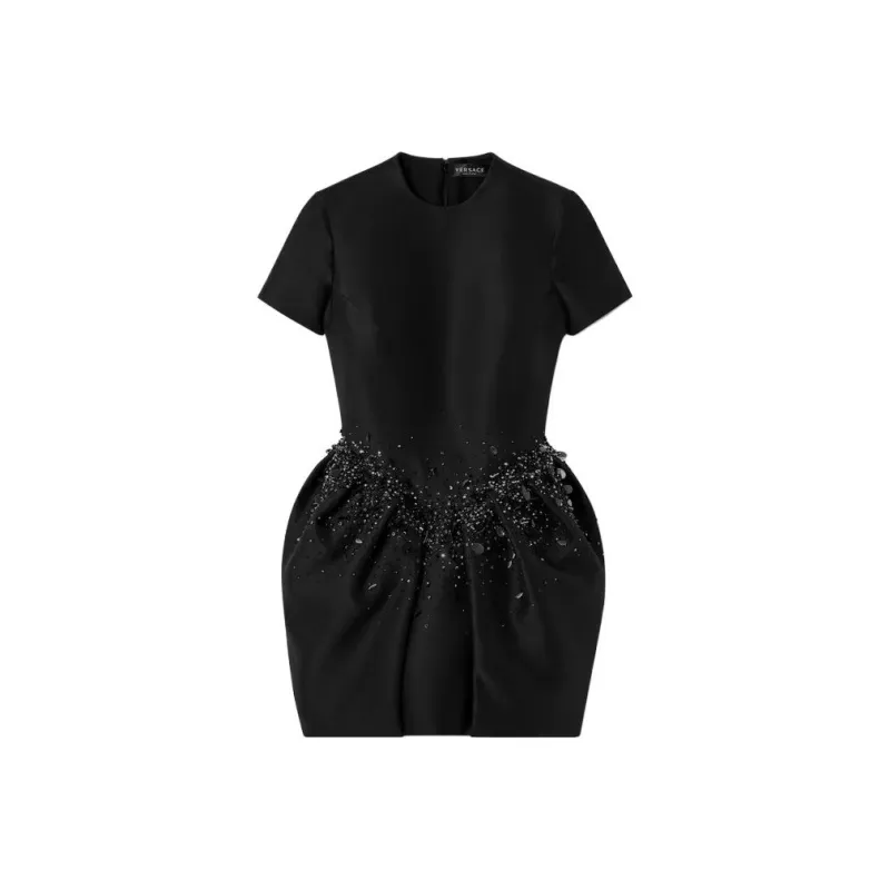 VERSACE Crystal Folded Mini Dress Short-Sleeved Dresses Women's Black-0
