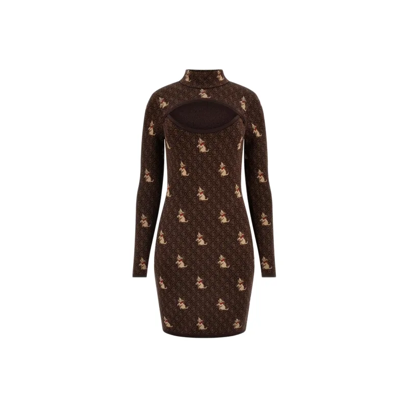 GUESS Logo Sweater Mini Dress Long-Sleeved Dresses Women's Dark Brown-0