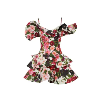 OSCAR DE LA RENTA Hollyhocks Cotton Poplin Ruffled Dress