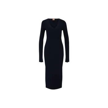 HUGO BOSS Long-Sleeved KnittEDed Dress With Ribbed Steucture Long-Sleeved Dresses Women's Dark Blue