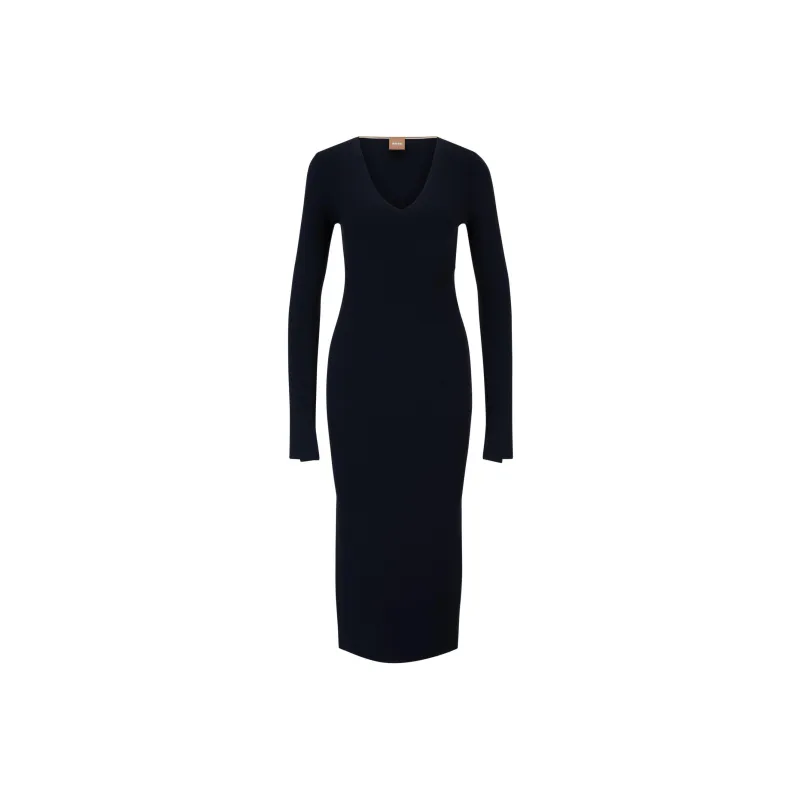 HUGO BOSS Long-Sleeved KnittEDed Dress With Ribbed Steucture Long-Sleeved Dresses Women's Dark Blue-0