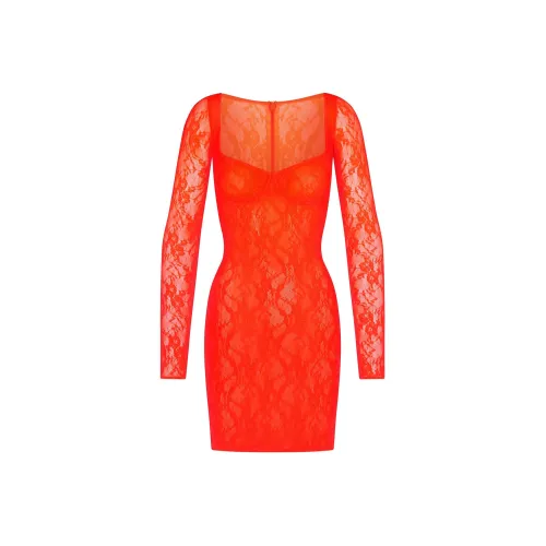 SKIMS STRETCH LACE LINED LONG SLEEVE UNDERWIRE DRESS Long-Sleeved Dresses Women's Sunset