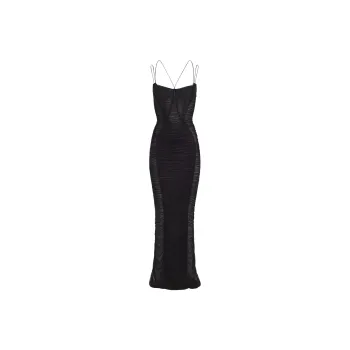 Mugler SS24 Backless Ruched Mesh Gown Slip Dresses Women's Black