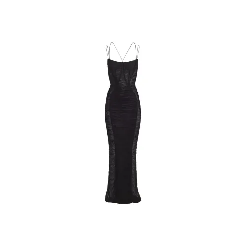 Mugler SS24 Backless Ruched Mesh Gown Slip Dresses Women's Black
