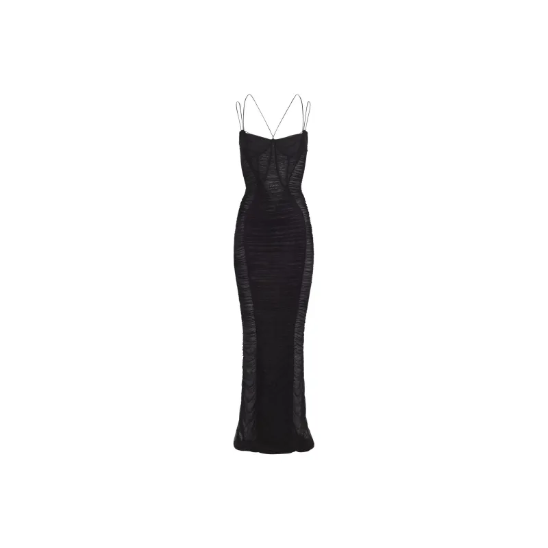 Mugler SS24 Backless Ruched Mesh Gown Slip Dresses Women's Black-0