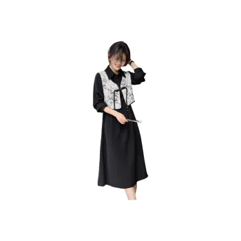 XWI Long Sleeved Dresses Women's Beige Base With Black Floral Pattern And Black Accents