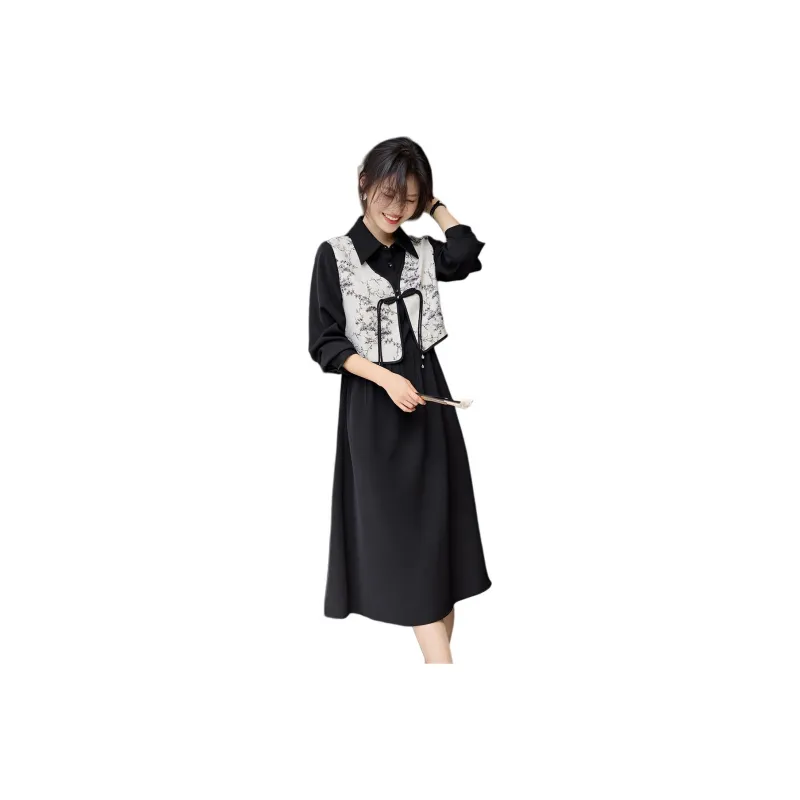 XWI Long-Sleeved Dresses Women's Beige Base With Black Floral Pattern And Black Accents-0