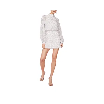 NASTY GAL Balloon Sleeve Sequin Embellished Mini Dress Long-Sleeved Dresses Women's White