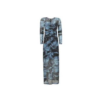 GANNI Printed Mesh O Neck Ruched Long Dress