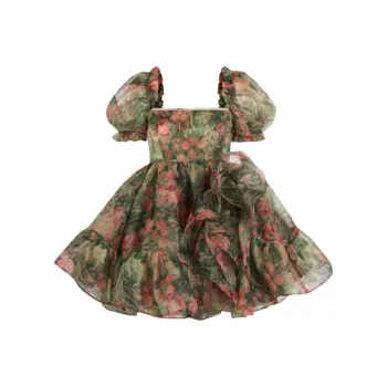Selkie Collection Short Sleeved Dress Women's Apricot With Green Wonderland Print