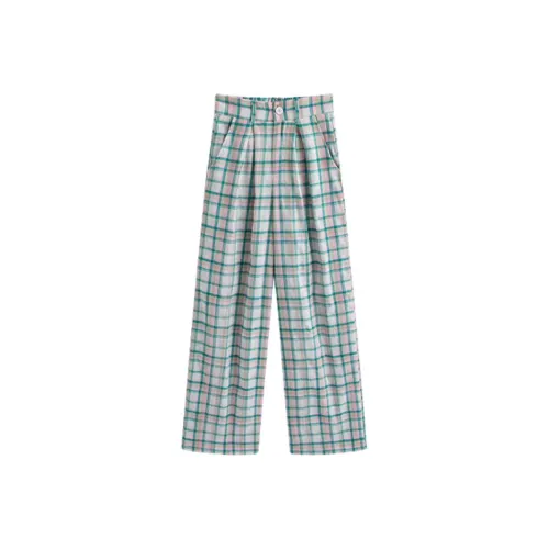 Mu Qingqing Casual Pants Women's Green White Plaid