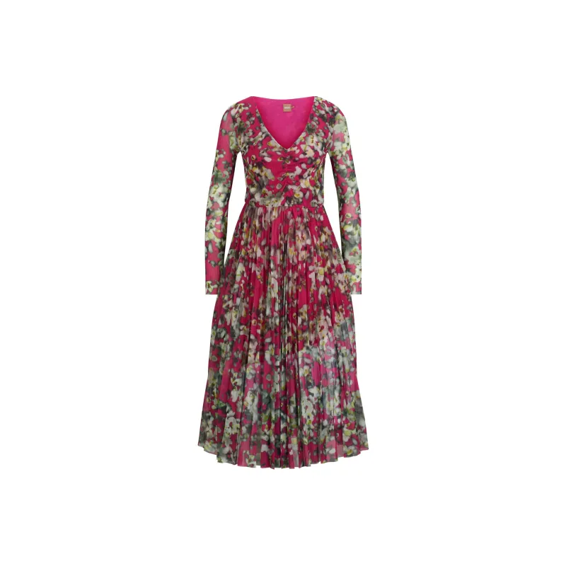 HUGO BOSS Long Sleeved Dress In Plissé Tulle With Seasonal Print Long Sleeved Dresses Women's Multicolor-0