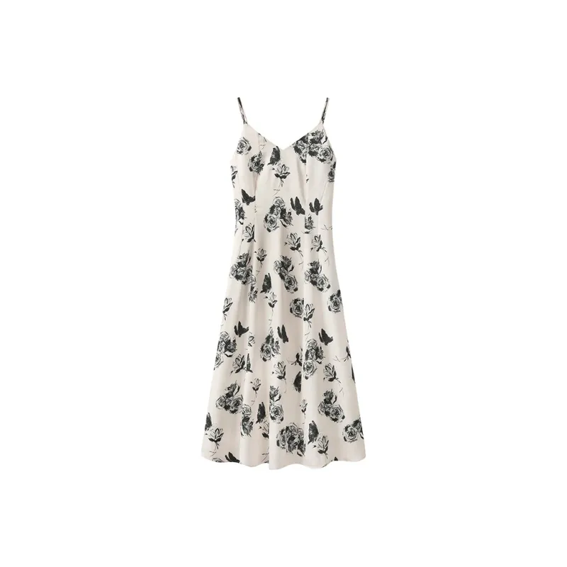 FAIRWHALE Slip Dress Women's Beige With Black Floral-0