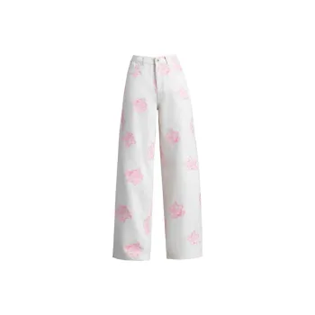 You Cow Me Pants Jeans Women's Beige Pink Floral
