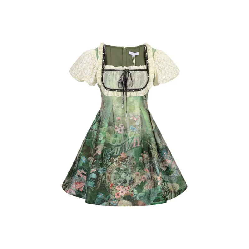 LULUALWAYS Short Sleeved Dress Women's Green-0