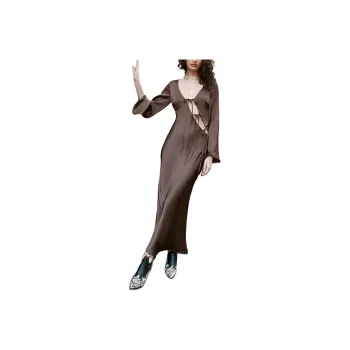 NASTY GAL Satin Asymmetric Tie Long Sleeve Maxi Dress Long-Sleeved Dresses Women's Chocolate