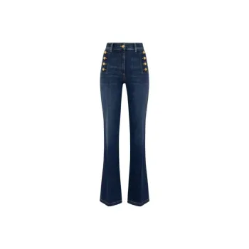 Elisabetta Franchi Side Button Placket Bell Bottom Stretch Jeans