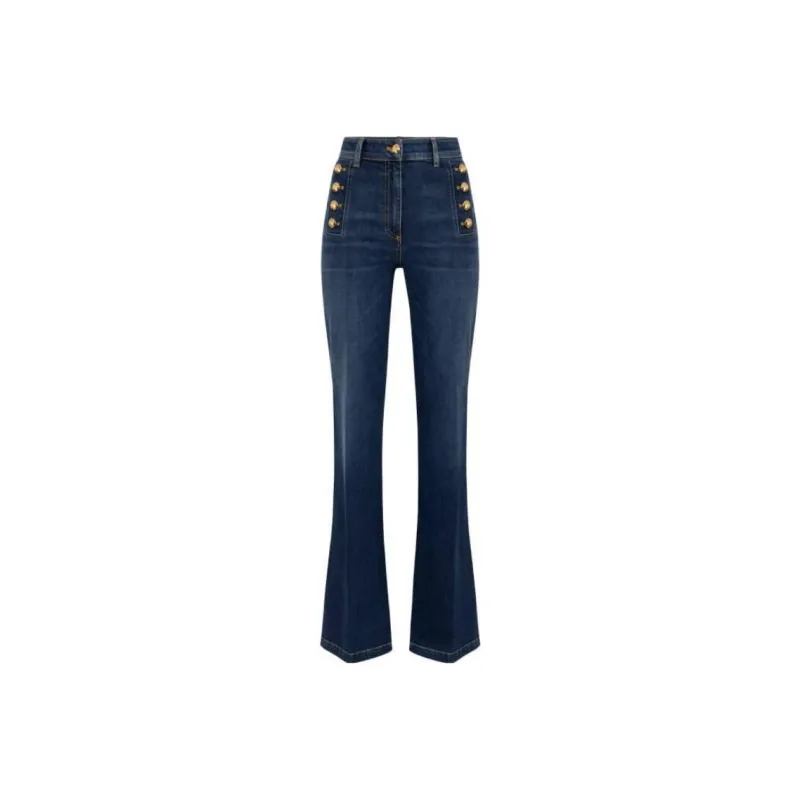Elisabetta Franchi Side Button Placket Bell Bottom Stretch Jeans-0
