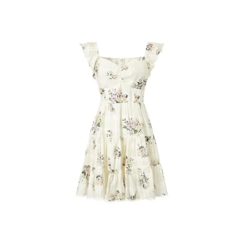 MOISSAC Sleeveless Dress Women's Floral Beige Yellow-0