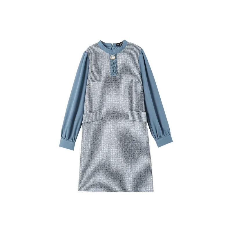 OUNIXUE Long Sleeved Dresses Women's Gray Blue-0