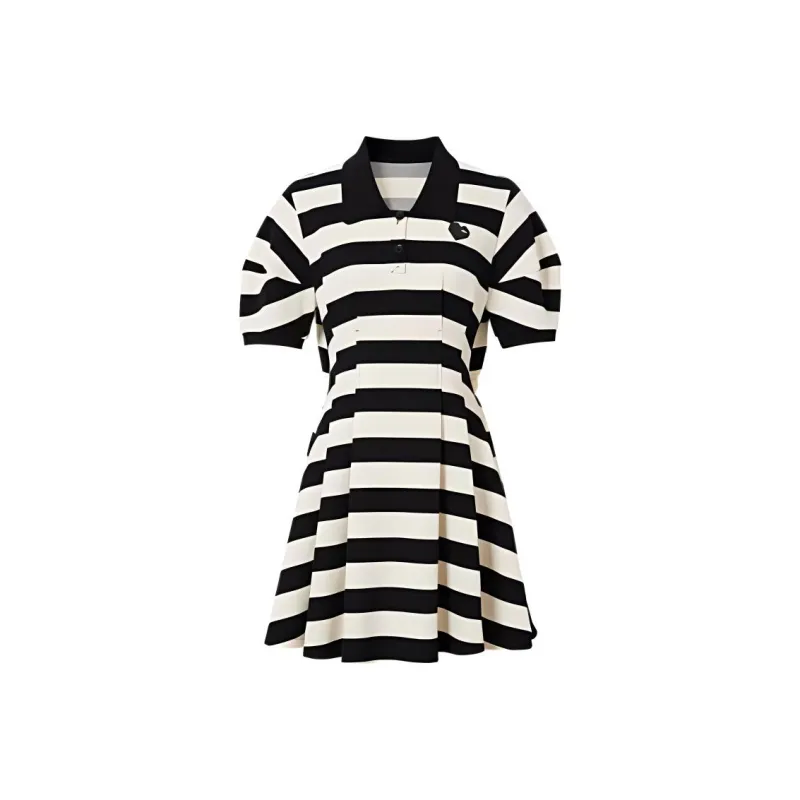 Hopeshow Short Sleeved Dress Women's Black White Stripes-0