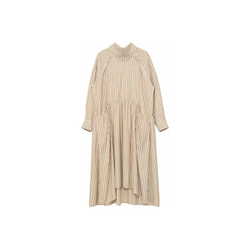 Boutique By Babymoon Long Sleeved Dress Women's Khaki Stripes-0