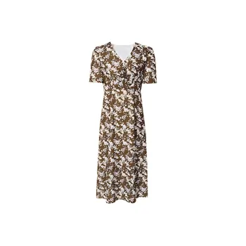 Hopeshow Short Sleeved Dress Women's Coffee Floral Color