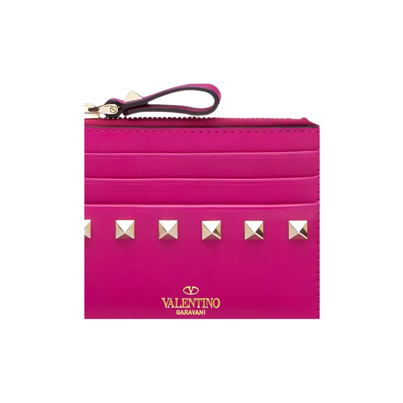 Valentino ROCKSTUD Smooth Calf Leather Coin Purses Card Holders Women's Fuchsia-3
