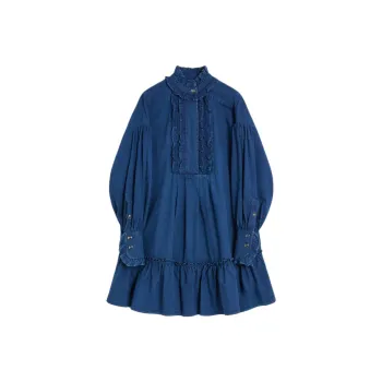 Valentino Ruffled Long Sleeved Denim Dress