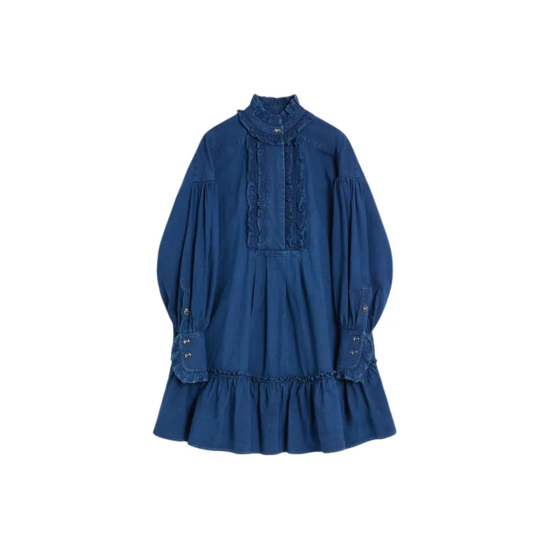 Valentino Ruffled Long Sleeved Denim Dress-0