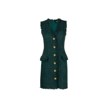 BALMAIN V neck Buttoned Tweed Minidress