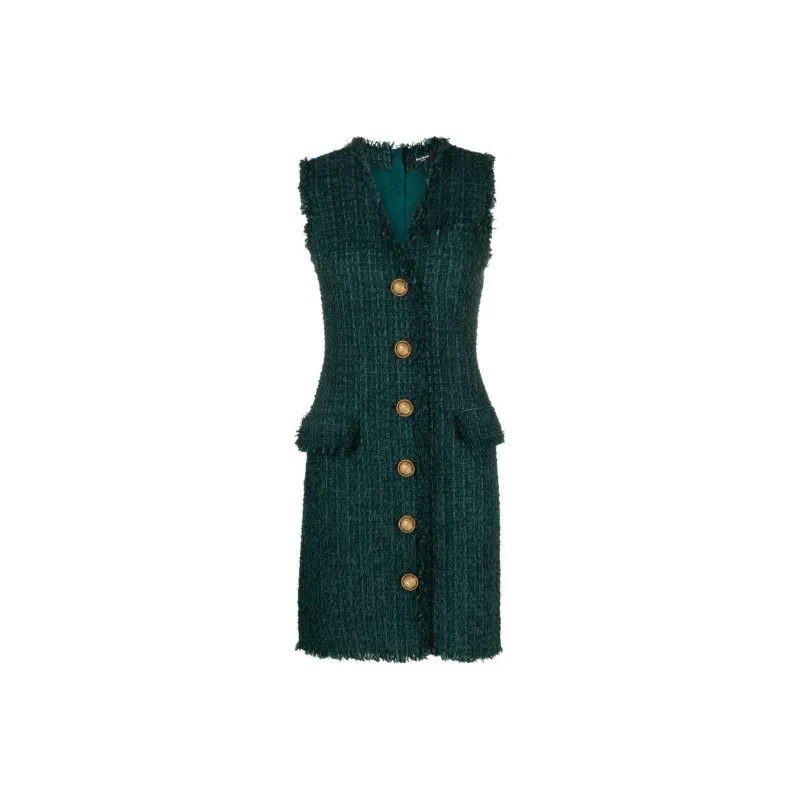 BALMAIN V neck Buttoned Tweed Minidress-0