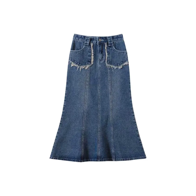 FAWENXIANGZI Denim Long Skirt Women's Blue-4