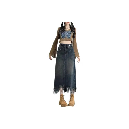 Ordifen Denim Long Skirts Women's Blue