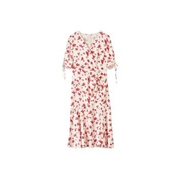 SENTUBILA Short Sleeved Dresses Women's Apricot Base With Red Flowers