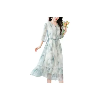Yi Mengyuan High-End Heavyweight Mulberry Silk Long-Sleeved Dress Women's Green