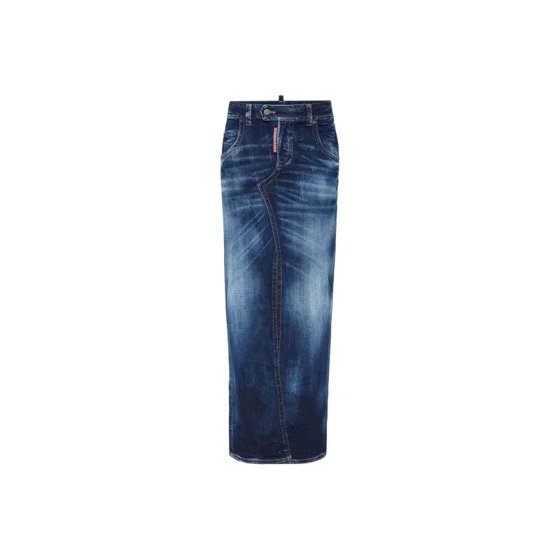 DSQUARED 2 Medium Wash Front Split Jean Skirt-0
