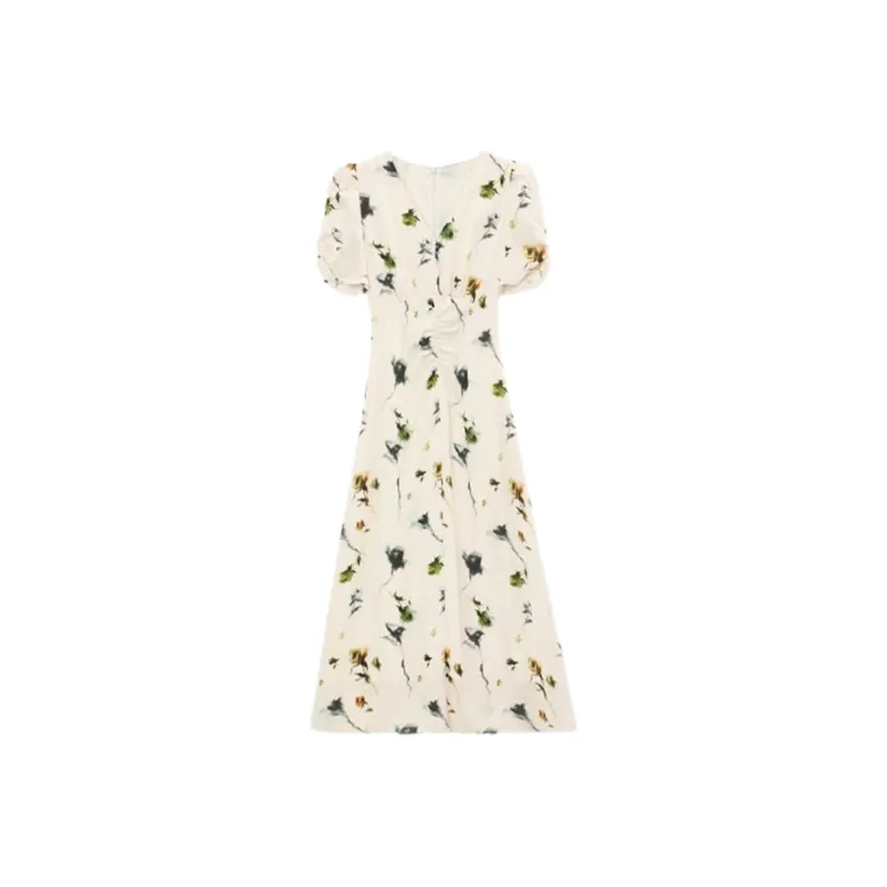 ABBY GODDESS Short Sleeved Dress Women's Beige With Floral-0