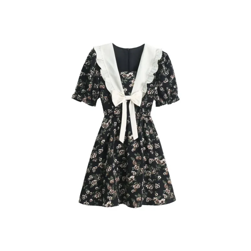 Udon House Short Sleeved Dress Women's Black-0