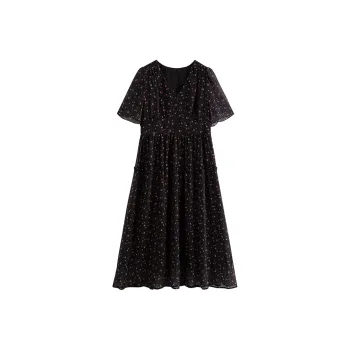Initial Language Short-Sleeved Dresses Women's Black Background With Pink Flowers
