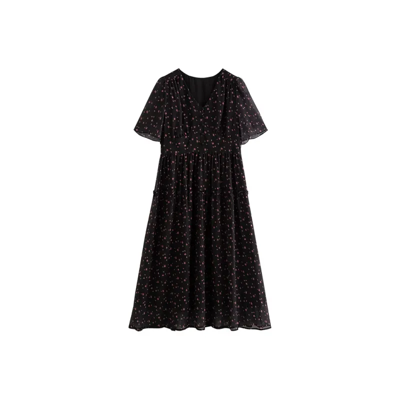 Initial Language Short-Sleeved Dresses Women's Black Background With Pink Flowers-0