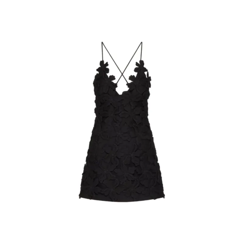 Valentino Embroidered Crepe Couture Short Dress Slip Dresses Women's Black-0