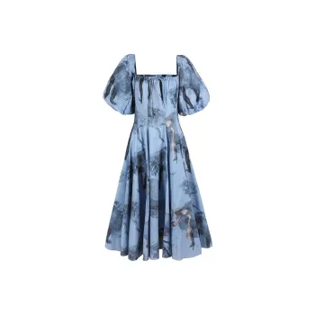 Selkie Collection Short Sleeved Dresses Women's DEGAS BLUE With Blue Background And Degas Dance Girlish Tracing Print