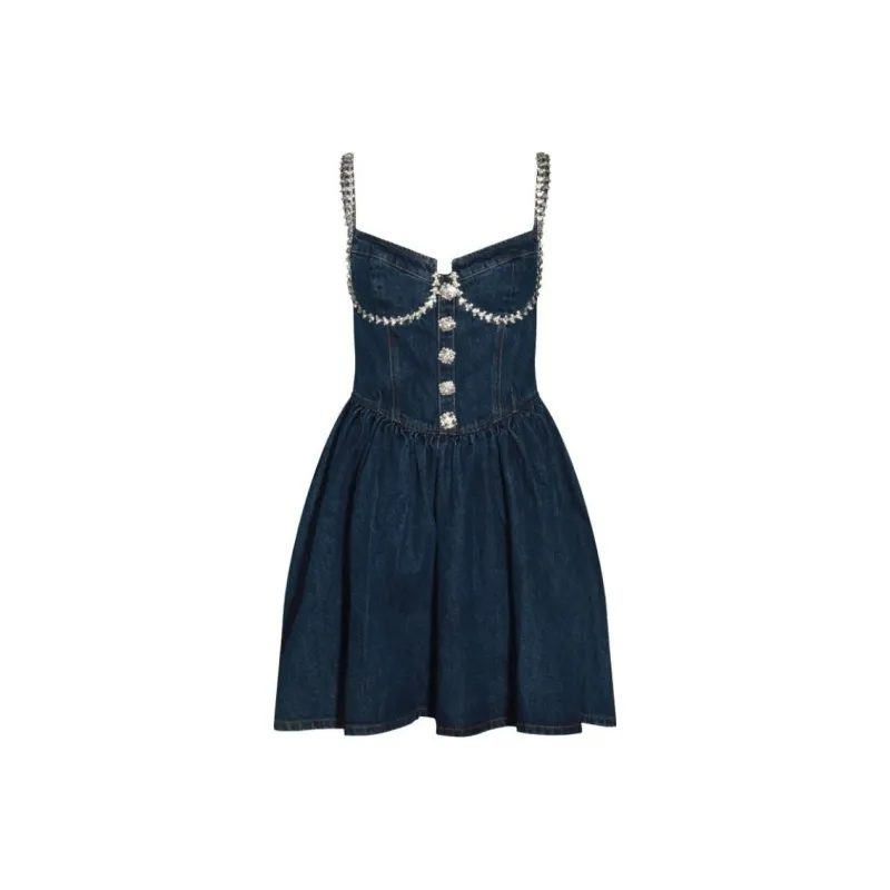 Self portrait Embellished Denim Flared Mini Dress-0