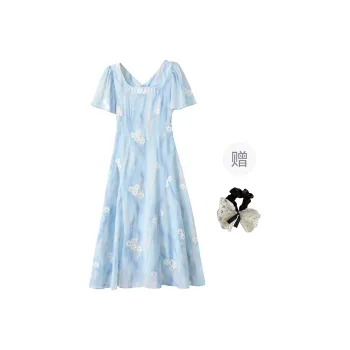 PAVEA Short Sleeved Dress Women's Light Blue+Hair Tie Included