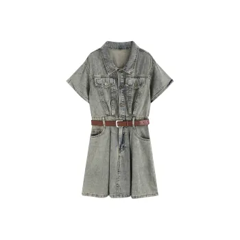 Garbege Short Sleeved Dresses Women's Vintage Blue With Belt