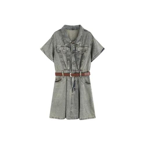 Garbege Short Sleeved Dresses Women's Vintage Blue With Belt
