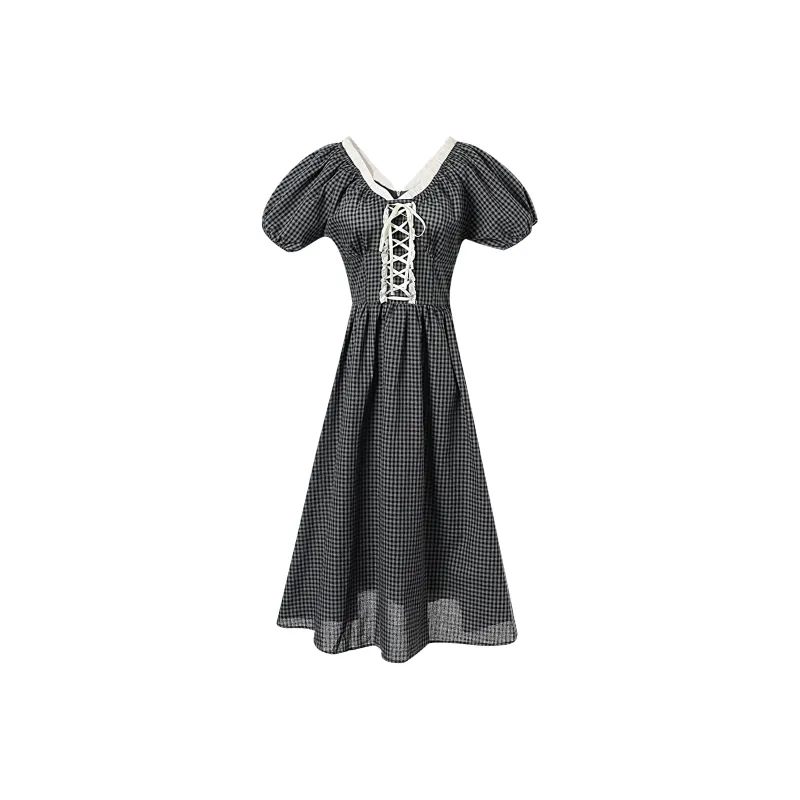 QYPRF Short Sleeved Dresses Women's Black Gray Plaid-0