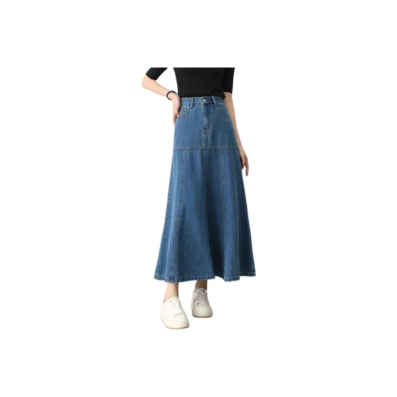 HIPPIEMISS Denim Long Skirts Women's Light Blue-0